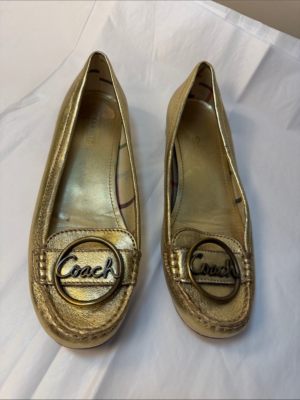 Coach Metallic Gold Leather Driving Flats with Logo Ring